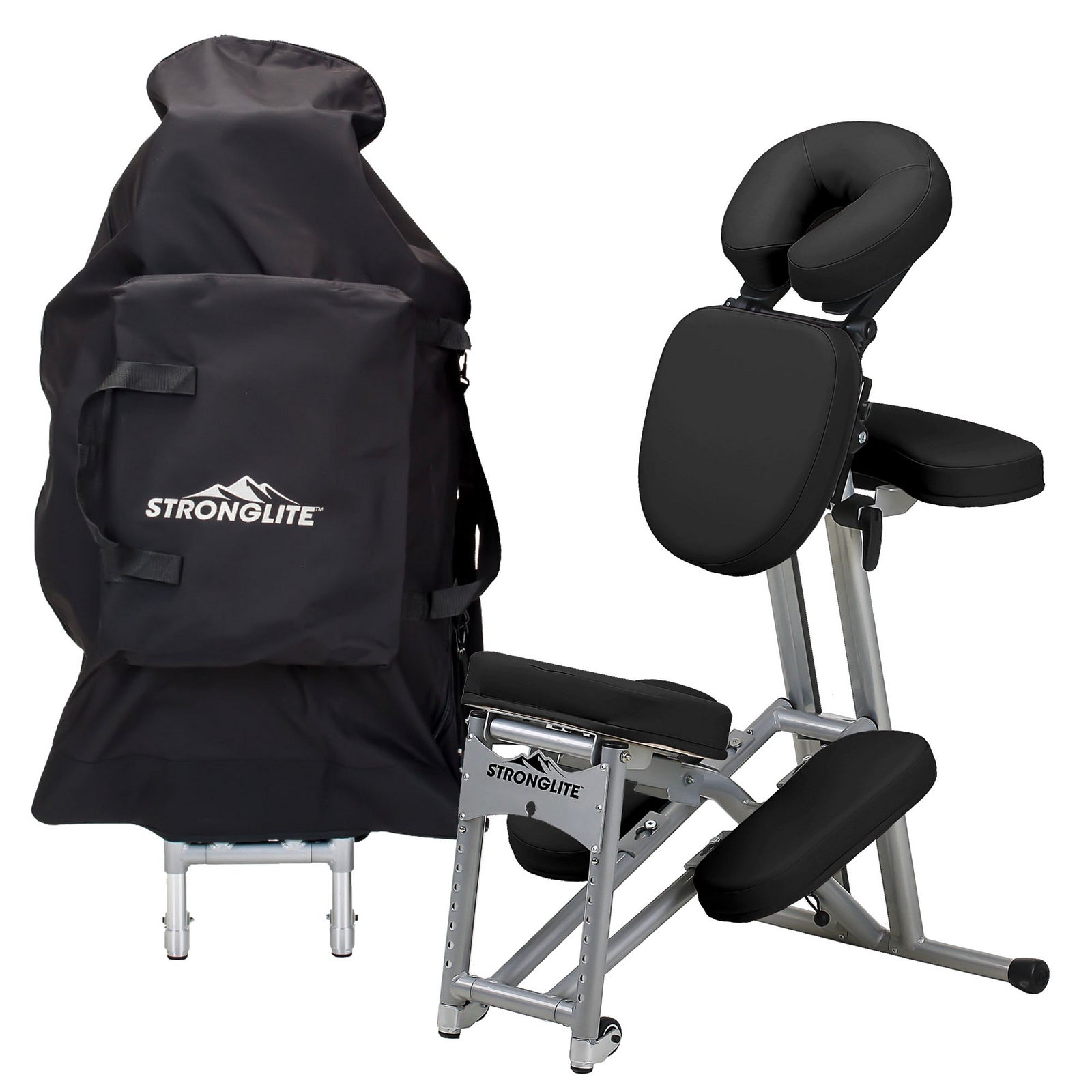 Stronglite ERGO PRO II Massage Chair with black padding and carrying case for easy transport.