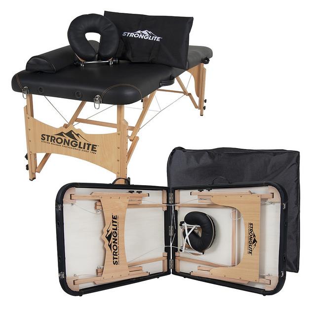 Stronglite OLYMPIA Portable Massage Table Package shown open with headrest, pillow & case.