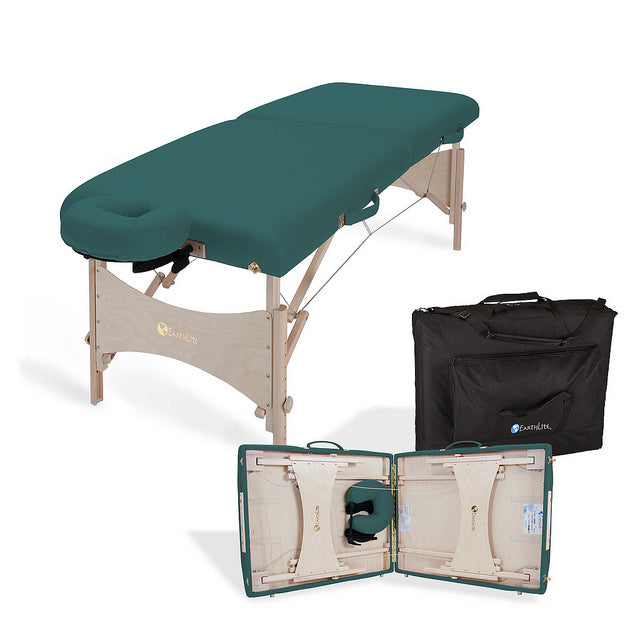 EarthLite HARMONY DX portable massage table with teal padding and wooden legs, open and closed.