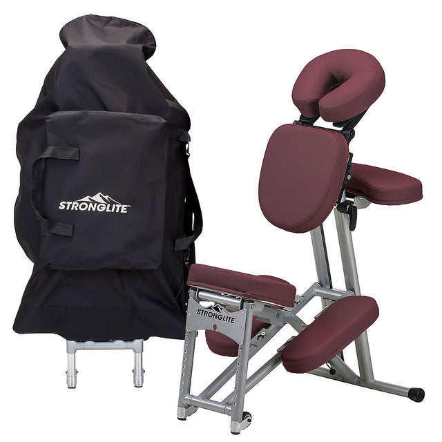 Stronglite ERGO PRO II massage chair with burgundy padding and Stronglite carrying case.