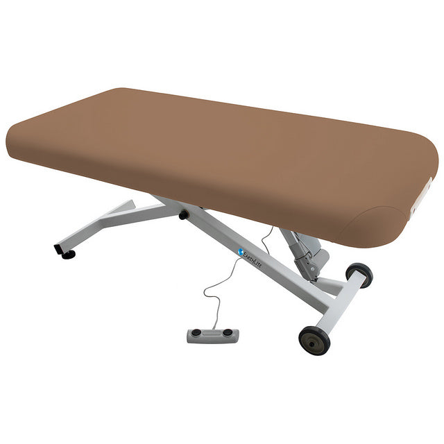 EarthLite ELLORA LIFT brown electric massage table with metal legs and wired remote.