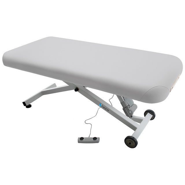 EarthLite ELLORA LIFT Massage Table with wheels and foot pedal for easy adjustments.