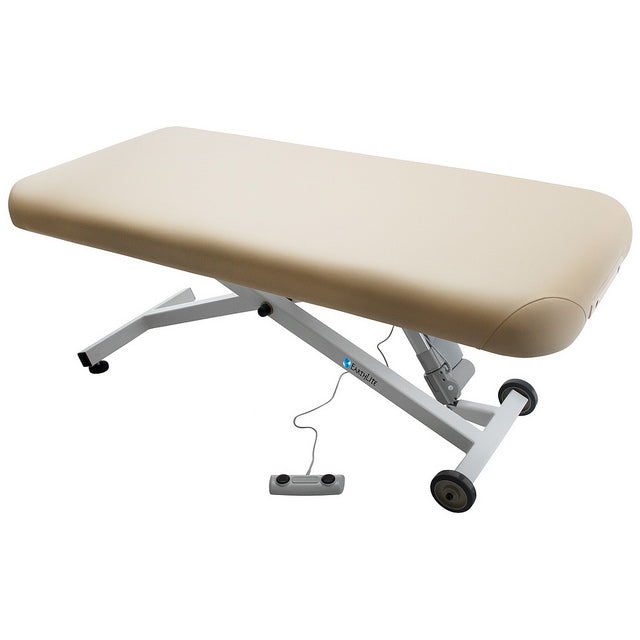 EarthLite ELLORA LIFT Massage Table: beige, metal frame, remote; ideal entry-level lift table.