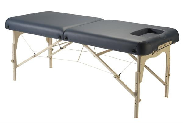 Nirvana 2n1 Portable Massage Table, black, beige foldable legs, face cradle & neck contour.