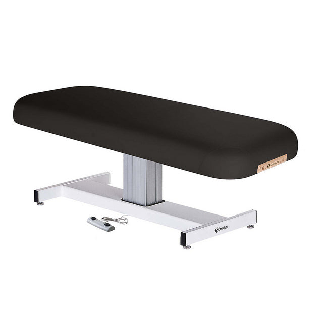 EarthLite EVEREST black electric lift massage table with silver base and remote control.