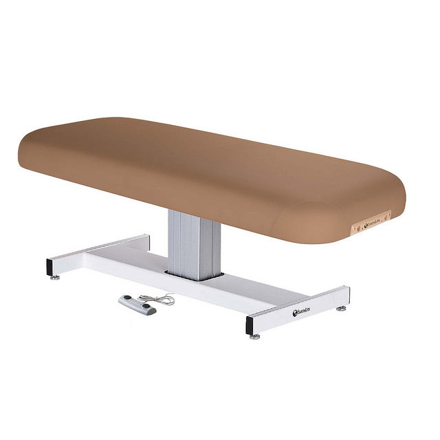 EarthLite EVEREST Flat Electric Lift Massage Table with remote and brown upholstery.