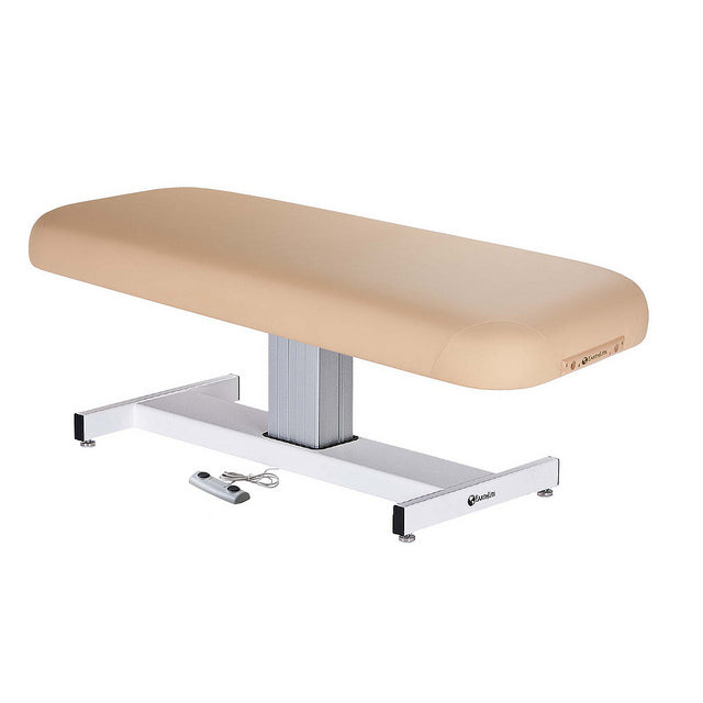 EarthLite EVEREST Flat Electric Lift Massage Table with padded beige top and metal base.