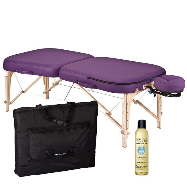 EarthLite INFINITY CONFORMA massage table package, includes carry case and massage oil.