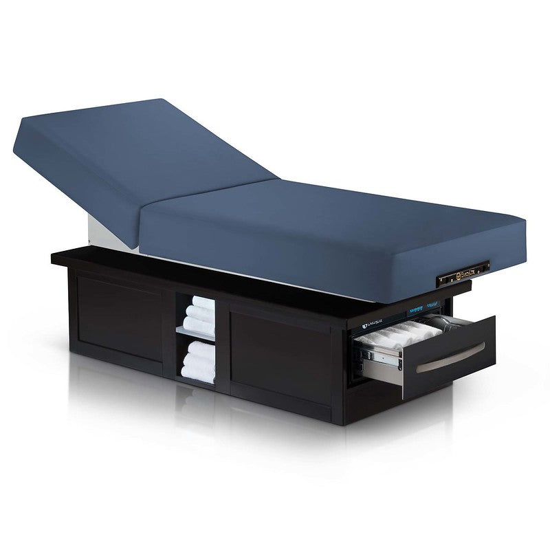 EarthLite EVEREST ECLIPSE TILT Massage Table with blue cushion and storage drawers.