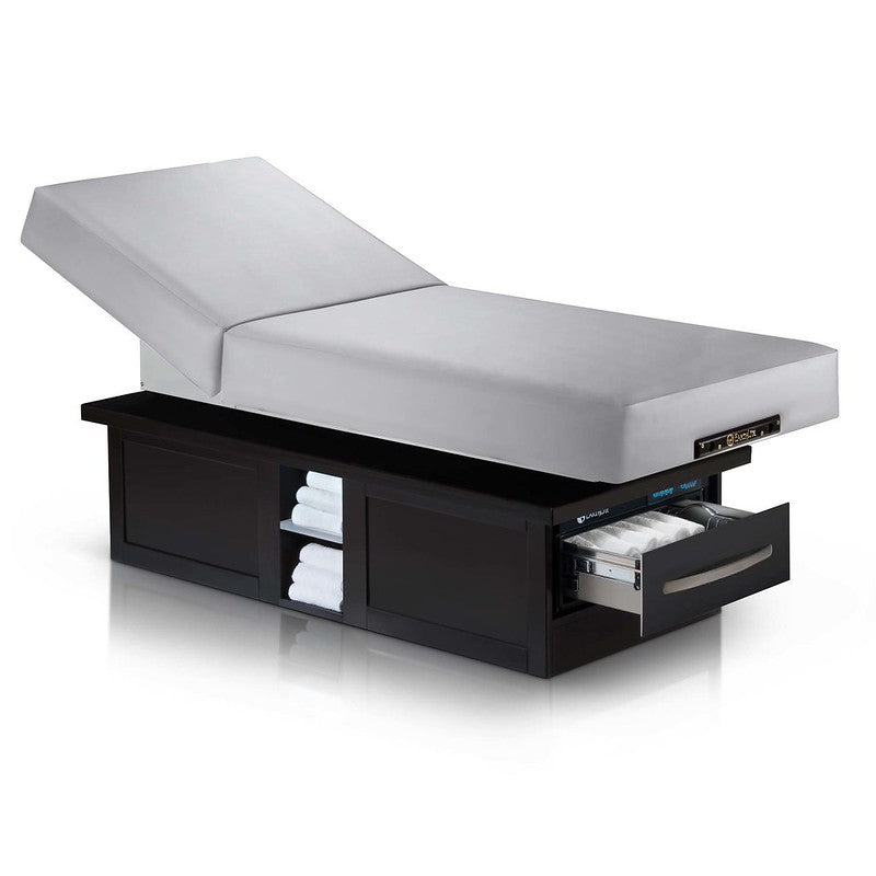 EarthLite EVEREST ECLIPSE TILT Table: adjustable backrest, shelves, and open supply drawer.