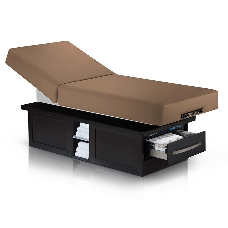 EarthLite Everest Eclipse Tilt massage table with drawers and shelves for towels and supplies.