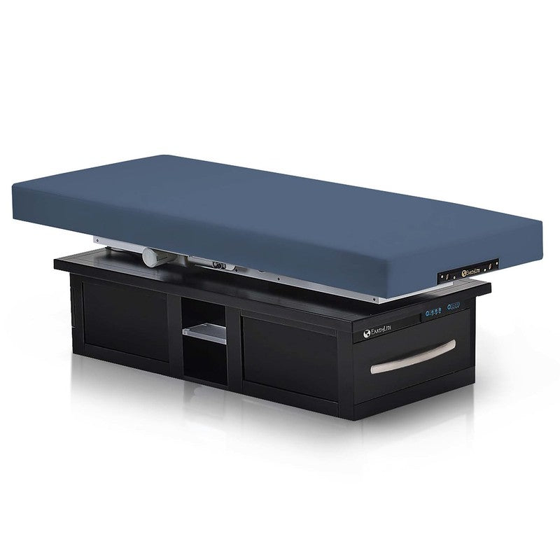 EarthLite EVEREST ECLIPSE: Black massage table with blue top and storage drawers underneath.