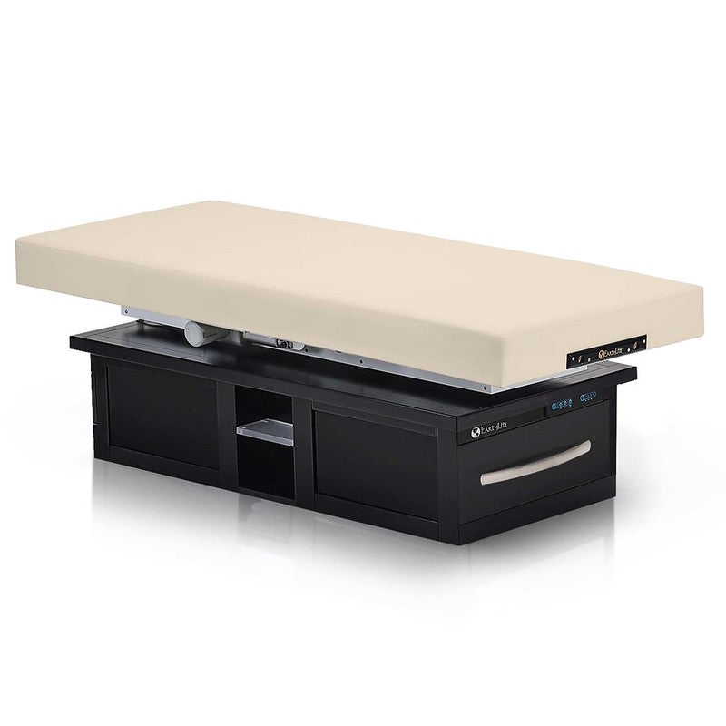 Beige Earthlite EVEREST ECLIPSE Massage Table with black base and storage compartments.