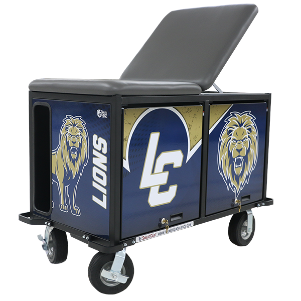 PHS Medical 4' SmartCart by PHS Medical with lion logos, padded seat, and custom graphics.