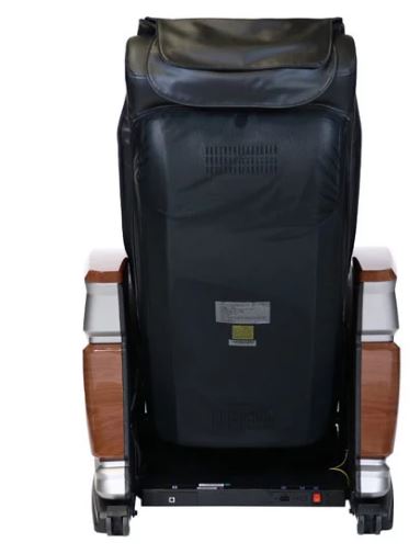 Rear view of Infinity IT-6900 Vending Massage Chair in black with wood armrests and control panel.