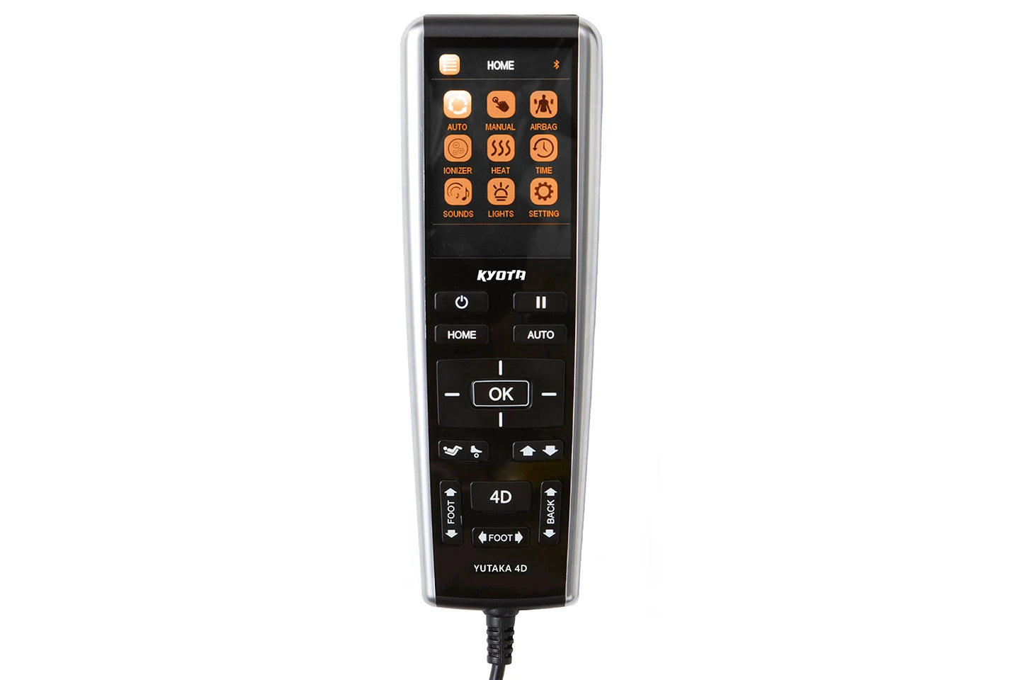 Black Kyota Yutaka™ M898 4D remote with labeled buttons for electric massage chair functions.