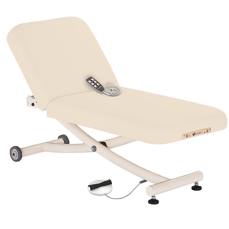 EarthLite Ellora Vista Electric Tilt massage table in beige with remote and wheeled base.