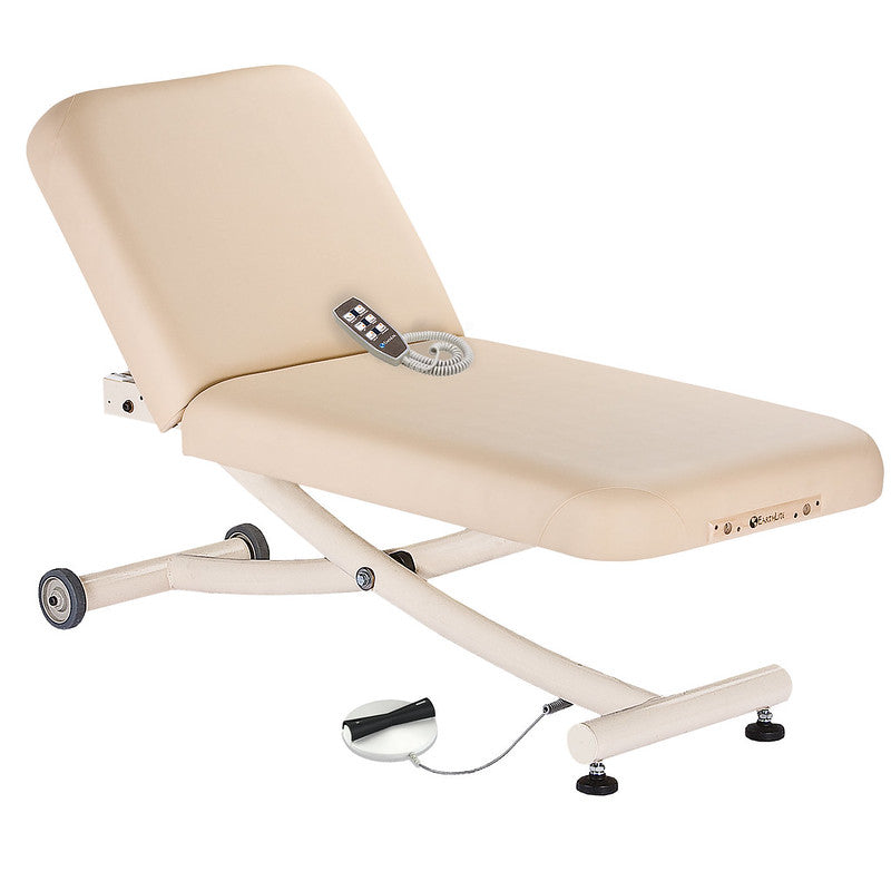 EarthLite Ellora Vista Electric Tilt Massage Table with remote and wheels, beige.
