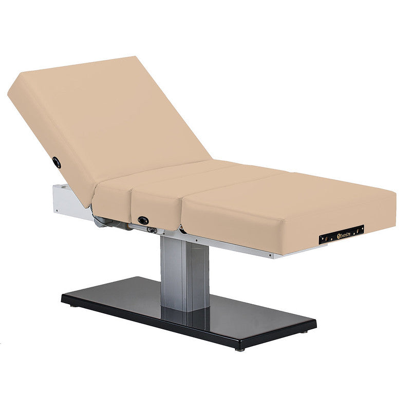EarthLite Everest SPA Salon FULL electric table, beige, metal base, shown reclined.