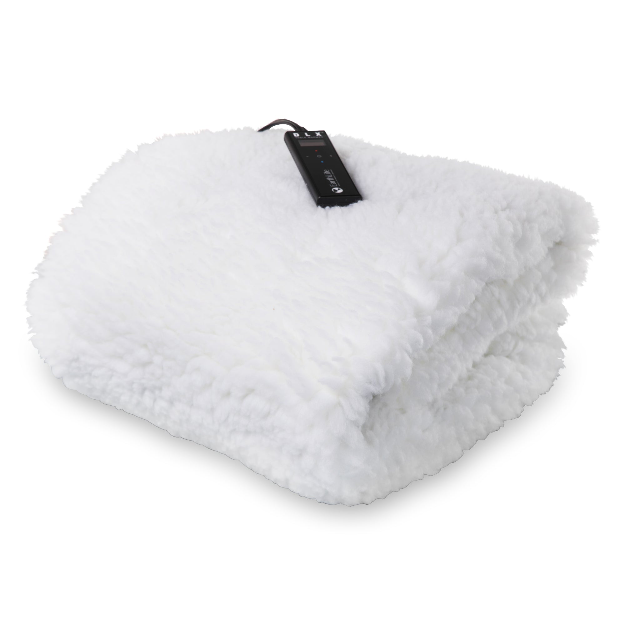 A plush white fleece massage table warmer with a tag showing, designed to fit on a massage table.