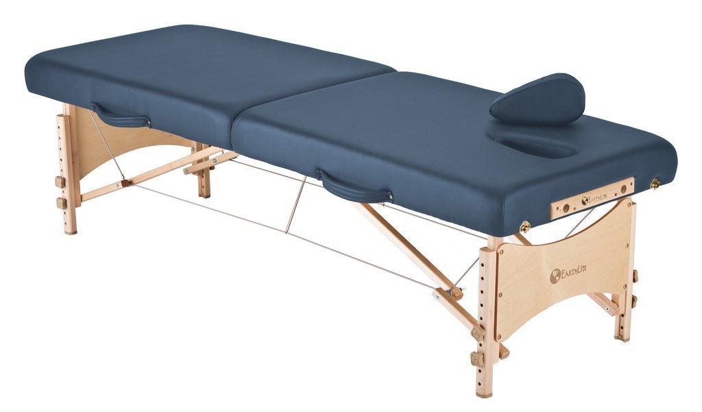 The EarthLite MEDISPORT Portable Massage Table has a blue cushion and sturdy wooden legs.