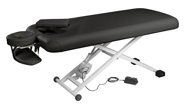 Nirvana Electric Massage Table—black, adjustable, headrest & foot pedal; ideal for spas.