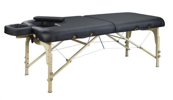 Nirvana 2n1 black portable massage table with headrest and beige adjustable legs.