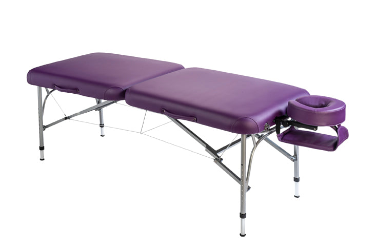 Nirvana DHARMA SuperLite Massage Table: lightweight, metal legs, face cradle, vibrant purple.
