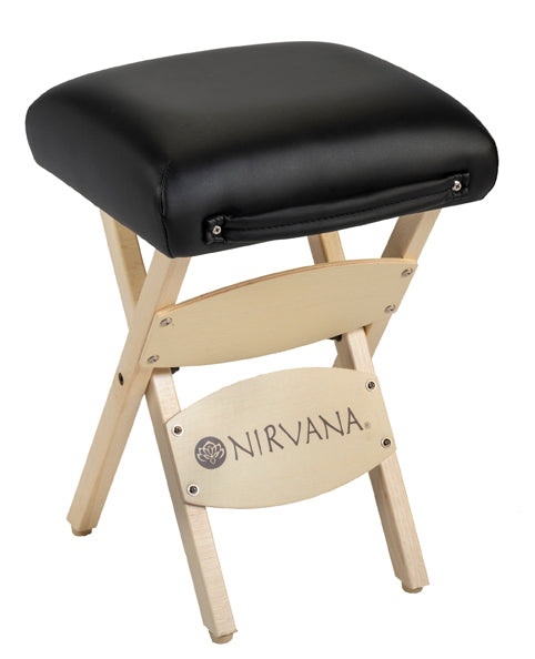 A black cushioned folding stool with light wood legs matches the Nirvana DHARMA SuperLite table.