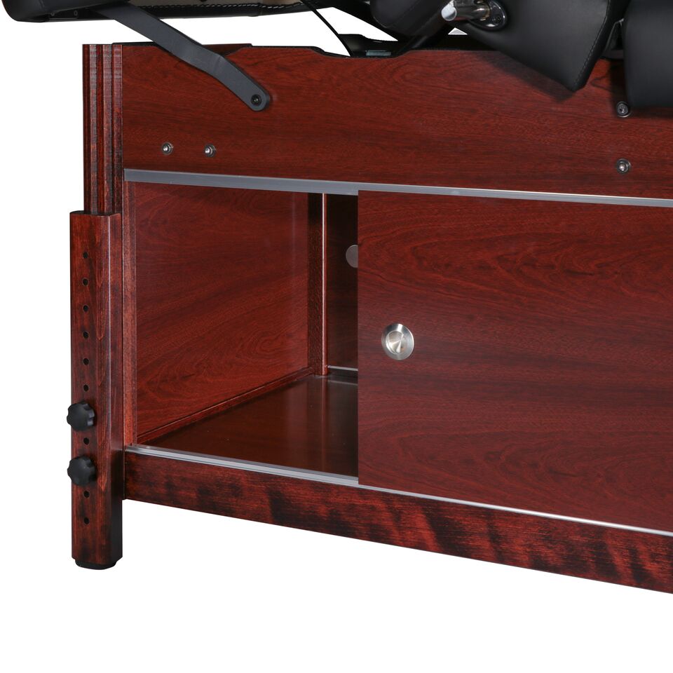 Close-up of Master Massage CABRILLO stationary table with sliding doors and metal handles, open.