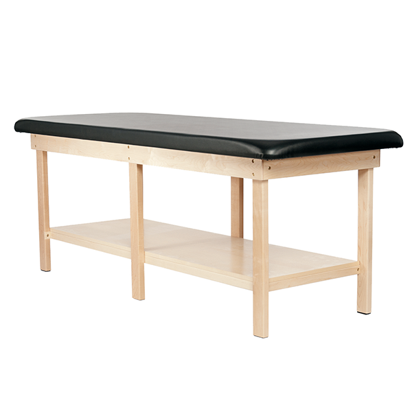 PHS Medical 6 Leg Classic Wood Treatment Table with black cushioned top and storage shelf.