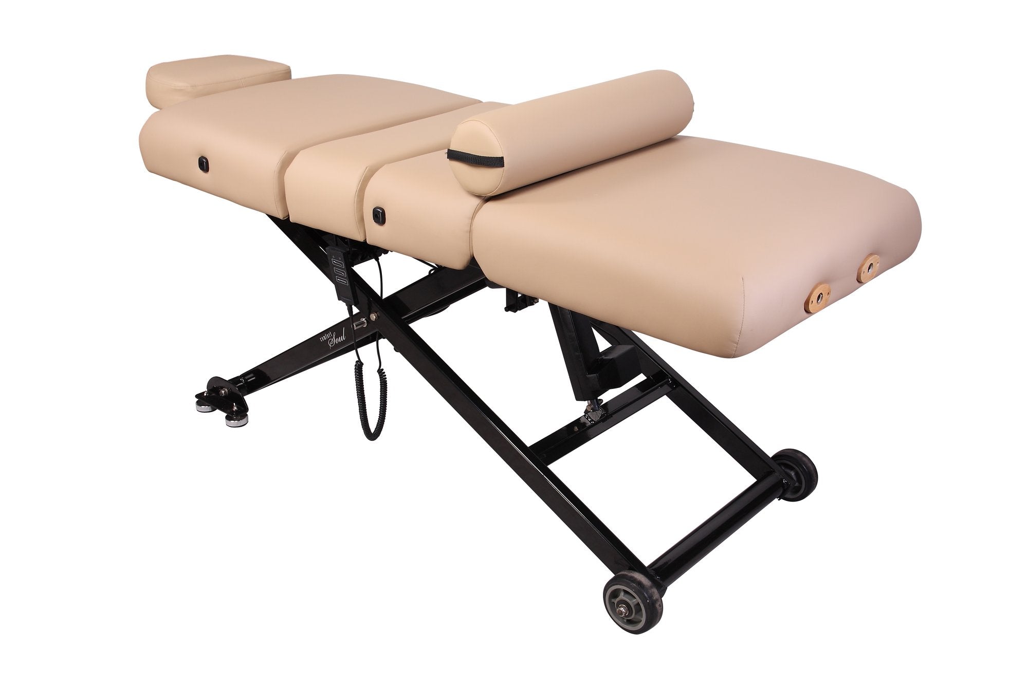 Comfort Soul SIENNA ELITE beige electric lift table with lumbar support, black frame, wheels.
