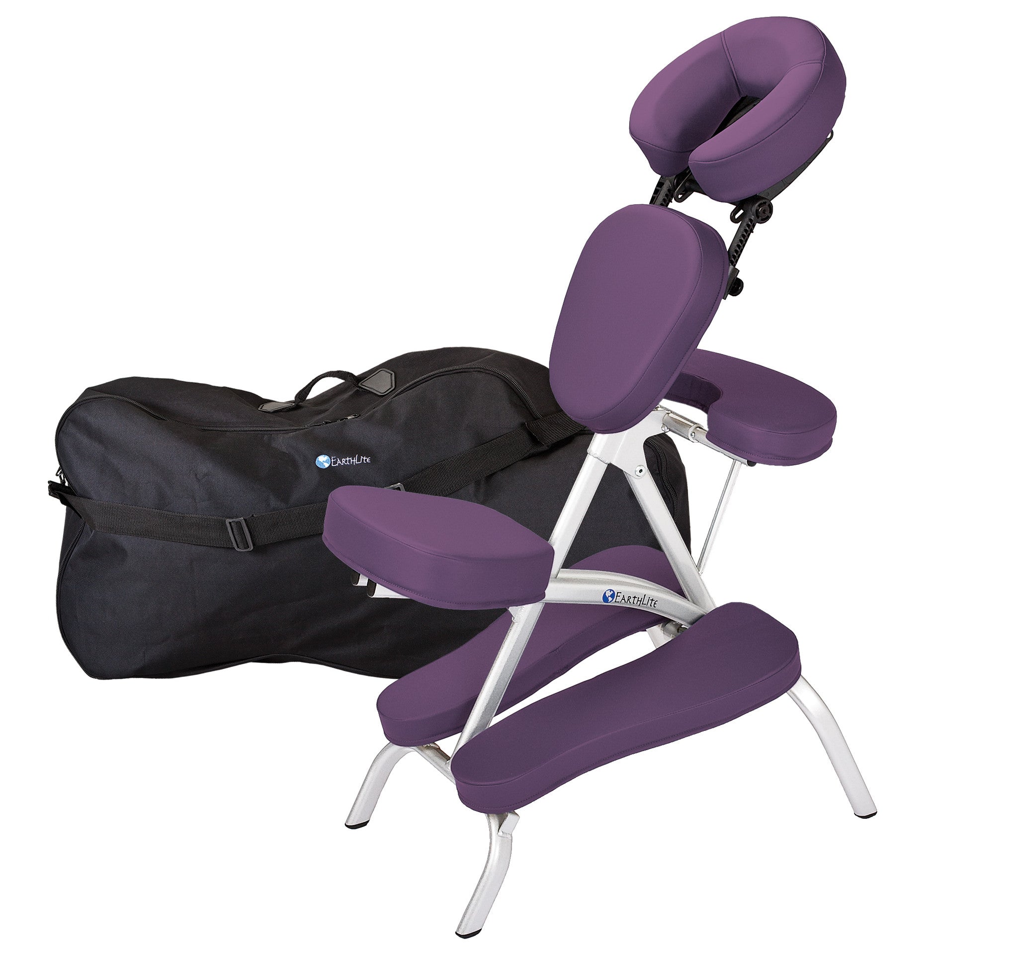 EarthLite VORTEX portable massage chair with metal frame, shown by a black carrying bag.