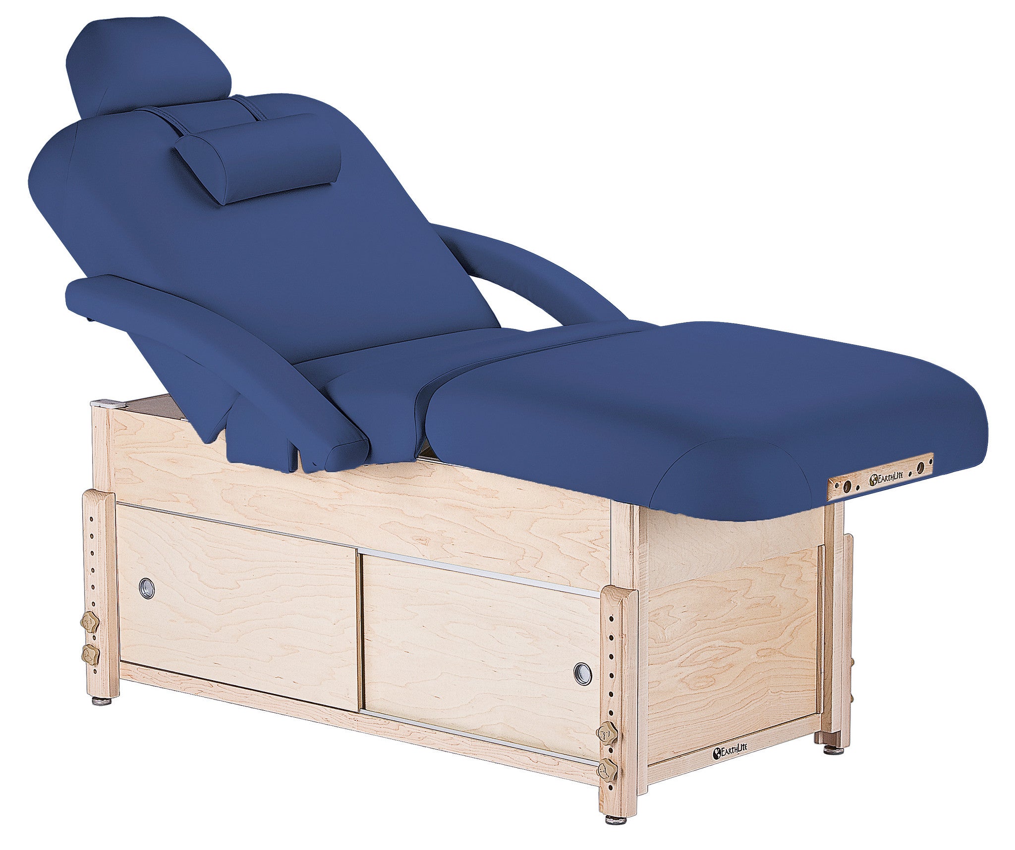 EarthLite SEDONA SALON massage table: cushioned, wood base, storage drawers, customizable.