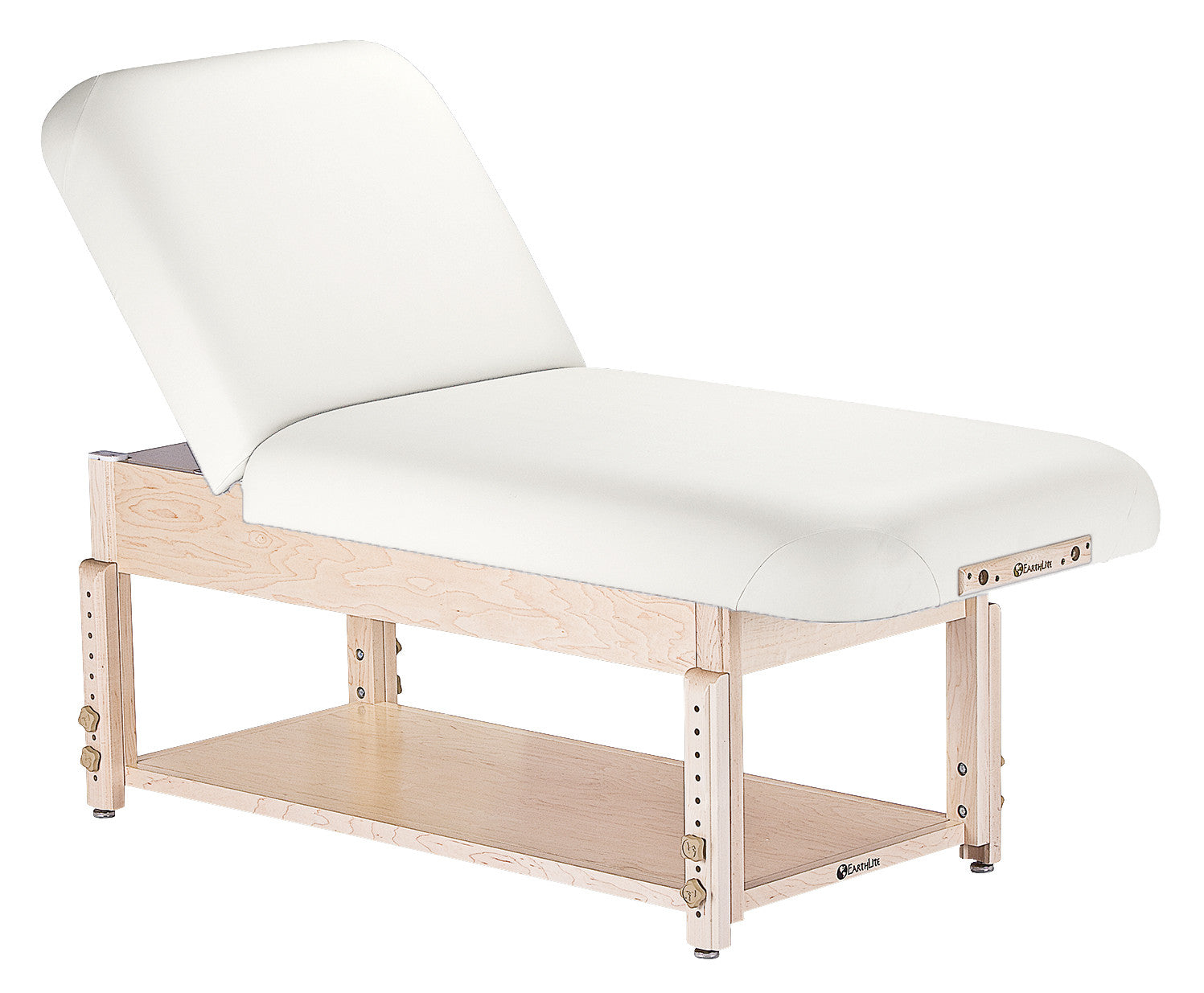 EarthLite SEDONA TILT massage table with padded white adjustable backrest and storage shelf.
