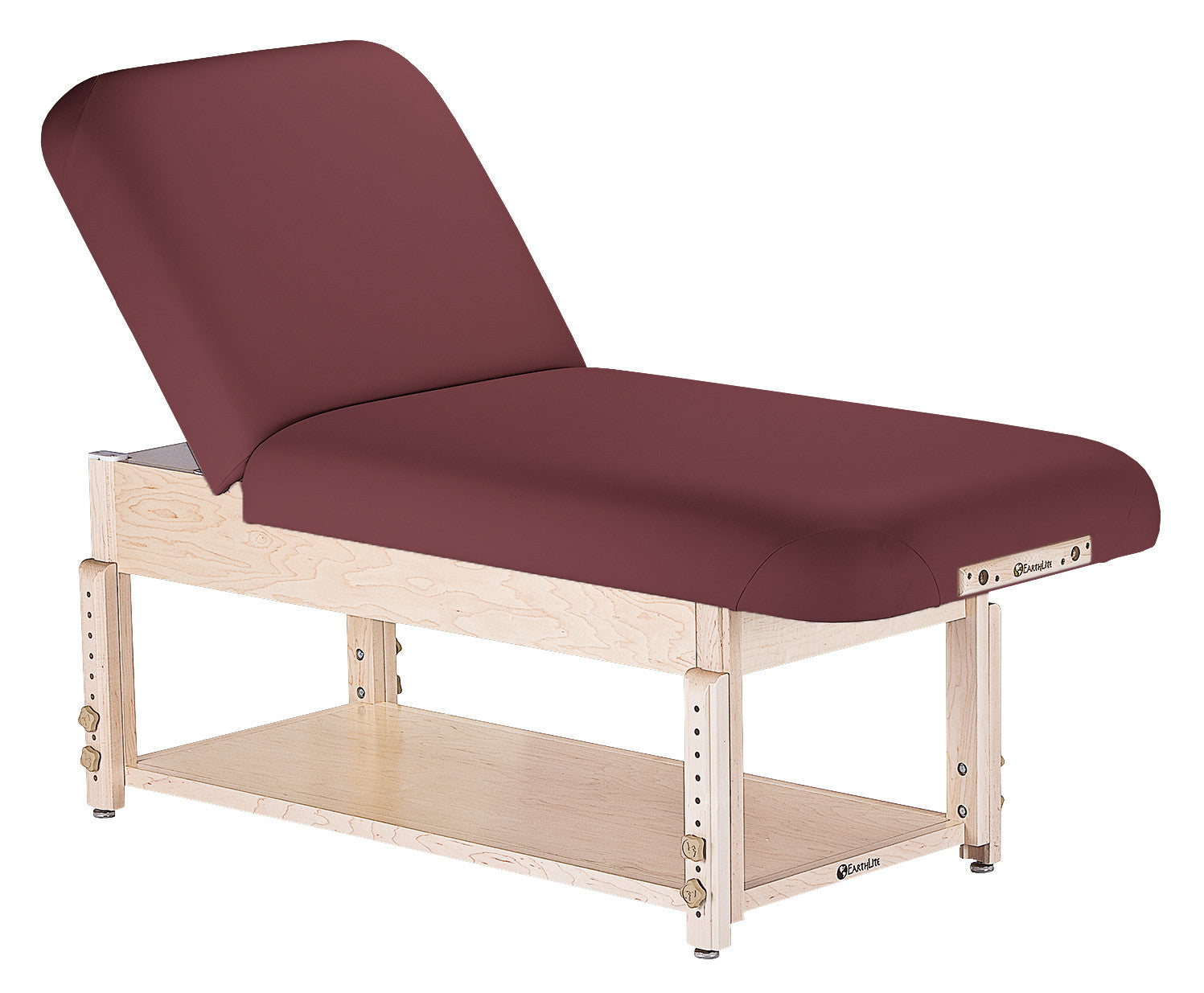 EarthLite SEDONA TILT massage table, maroon cushion, adjustable with lower storage shelf.