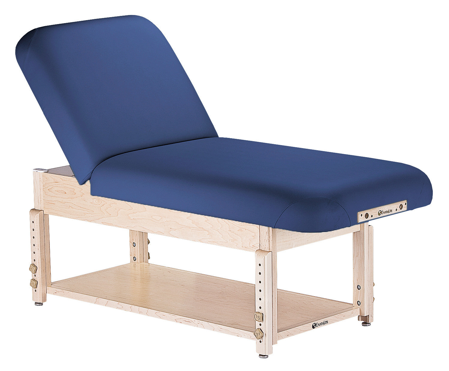 EarthLite SEDONA TILT massage table with blue cushion and a handy storage shelf below.