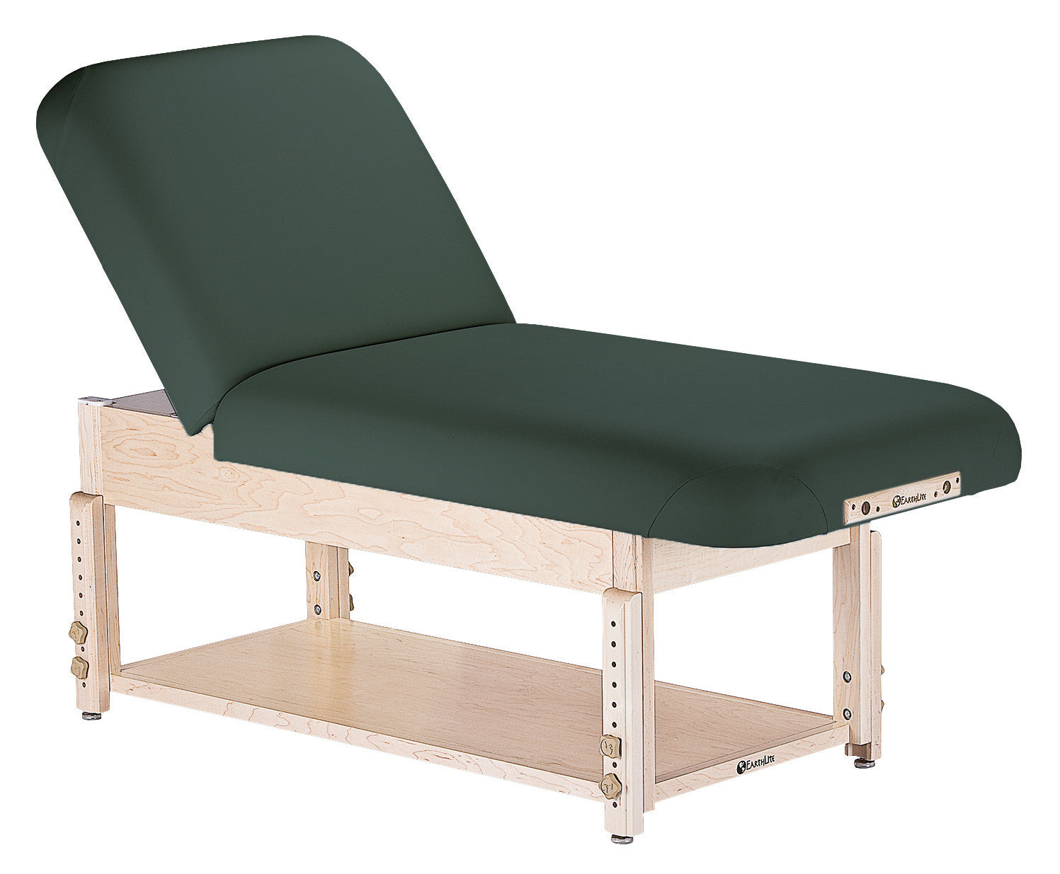 EarthLite SEDONA TILT massage table: wood frame, green cushion, adjustable backrest.