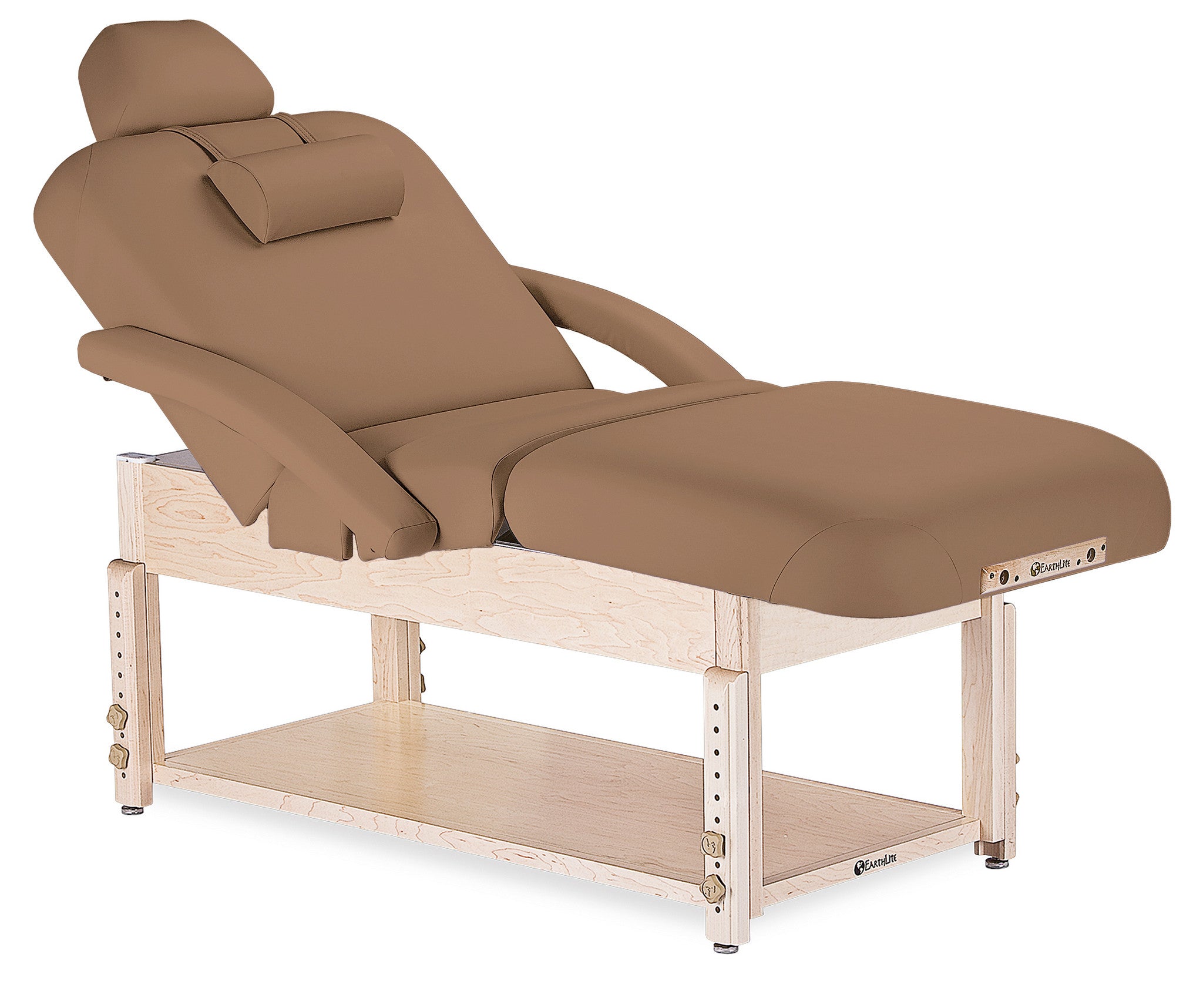 EarthLite Sedona Salon pneumatic massage table, brown, wood frame with lower storage shelf.