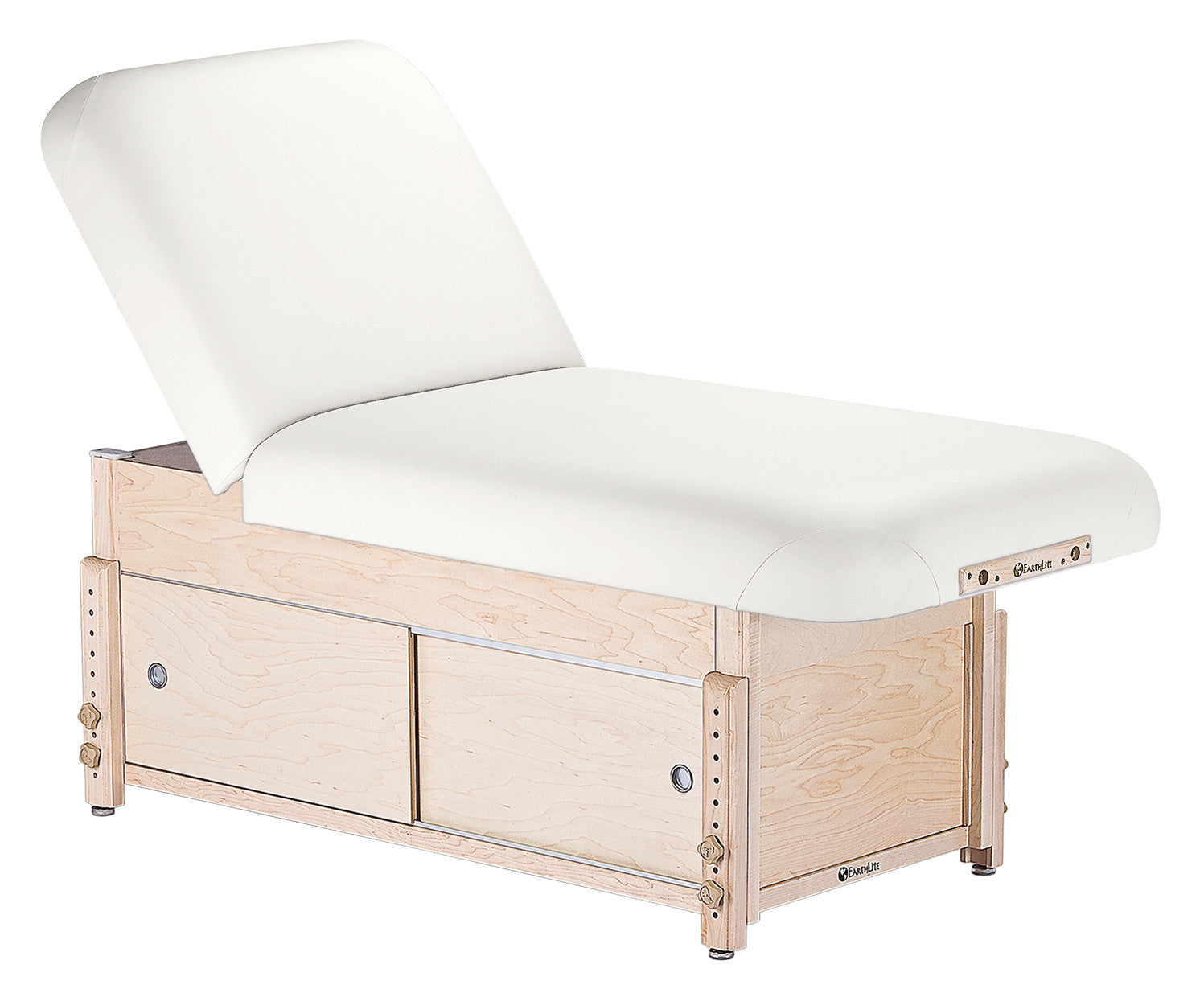 EarthLite SEDONA TILT wood table with white cushioned top and storage drawers underneath.