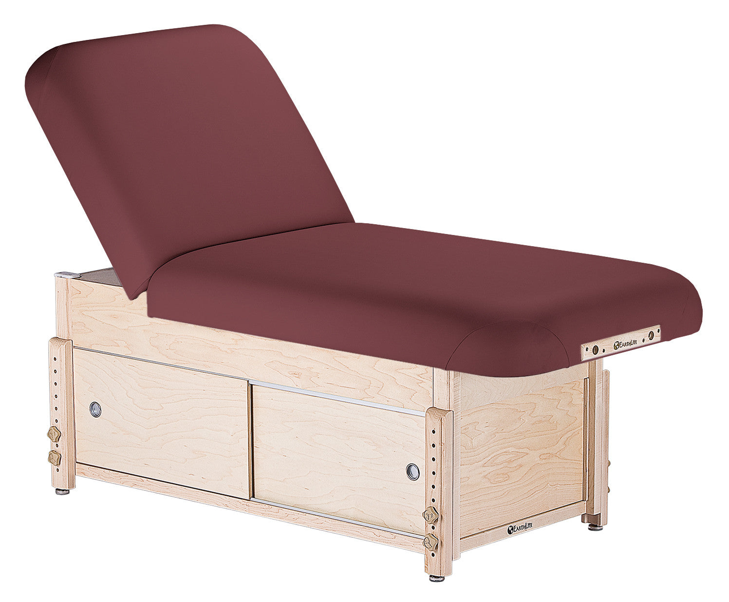 EarthLite SEDONA TILT massage table with maroon cushion, adjustable backrest.