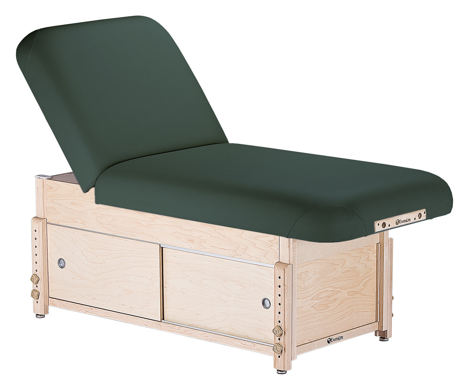 EarthLite SEDONA TILT table with green cushion, light wood frame, and storage drawers.