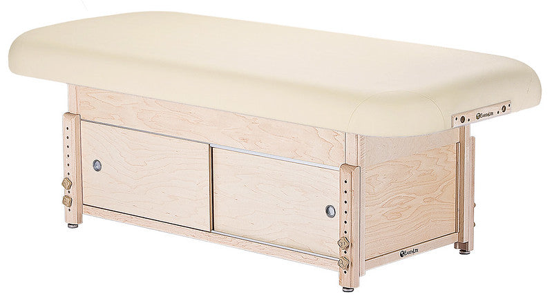 EarthLite SEDONA FLAT massage table: light wood, cream top, adjustable legs, 2 drawers.
