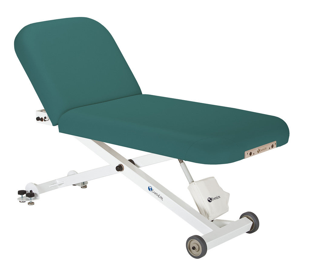 EarthLite ELLORA TILT Mobile Massage Table with adjustable backrest and wheeled base.