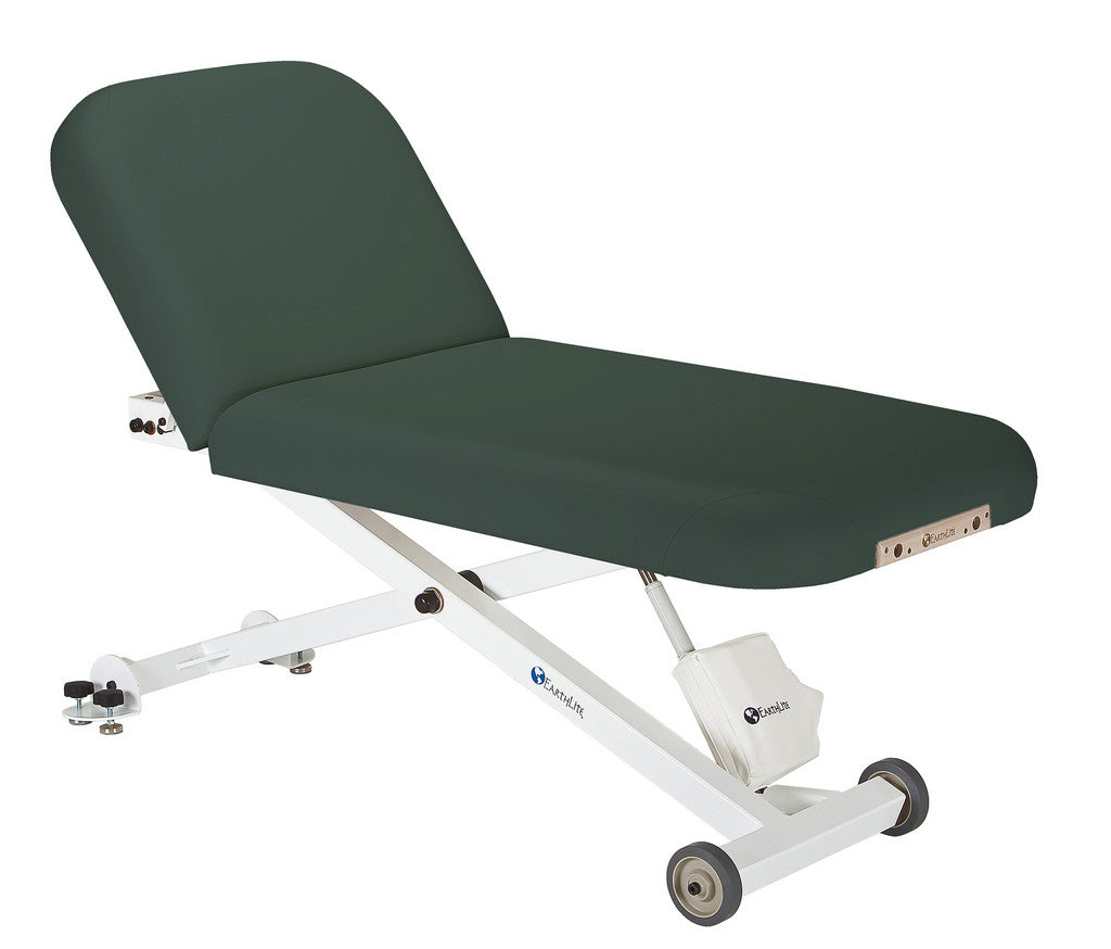 EarthLite ELLORA TILT Mobile Massage Table with white base, wheels, and electric lift.