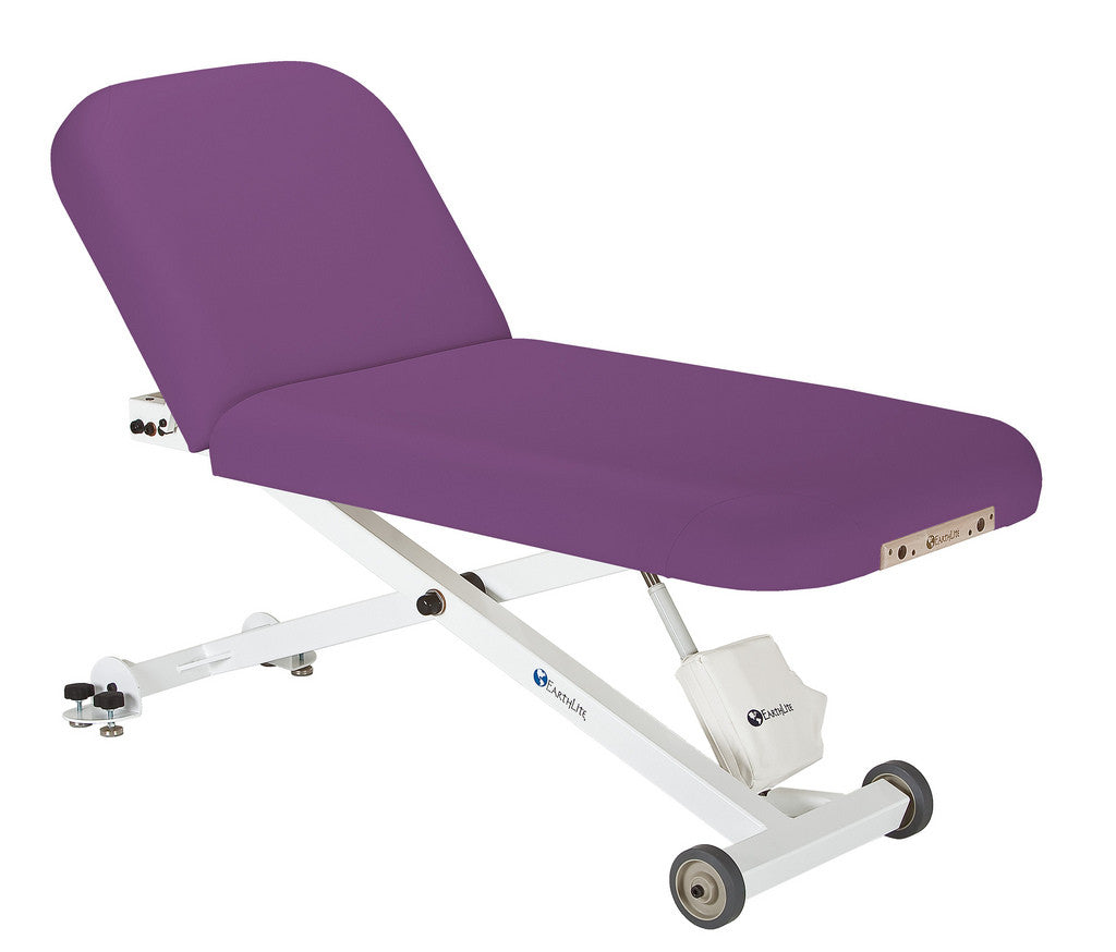 EarthLite Ellora Tilt purple massage table with wheels and adjustable backrest.