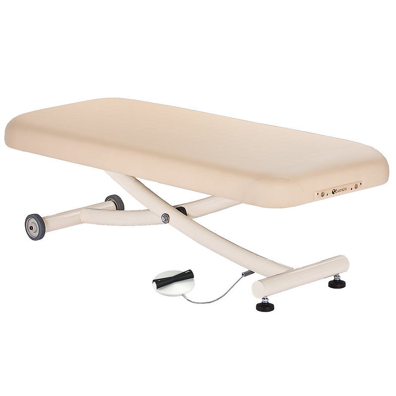 EarthLite Ellora Vista Lift Table with wheels, ADA foot control, beige upholstery.