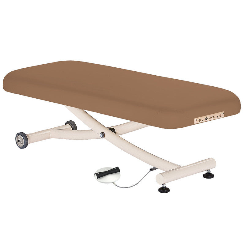 EarthLite ELLORA VISTA Lift Table: brown padded, metal legs, adjustable height electric massage table.