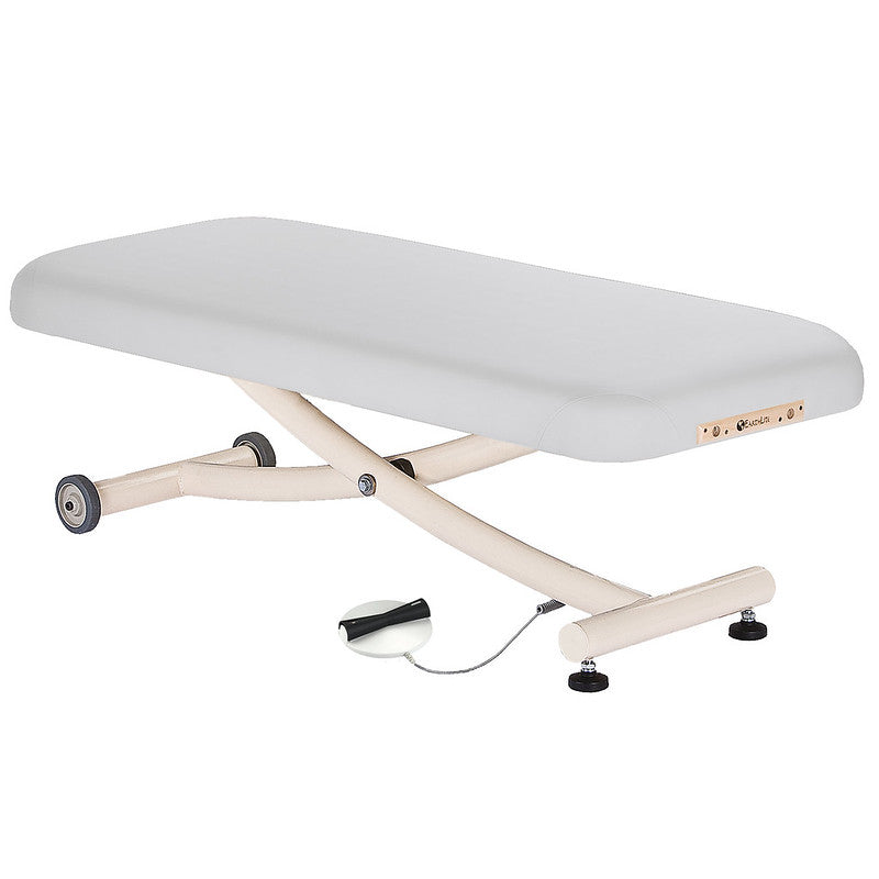 EarthLite ELLORA VISTA Lift Table features a white cushion and wheeled, electric lift support.