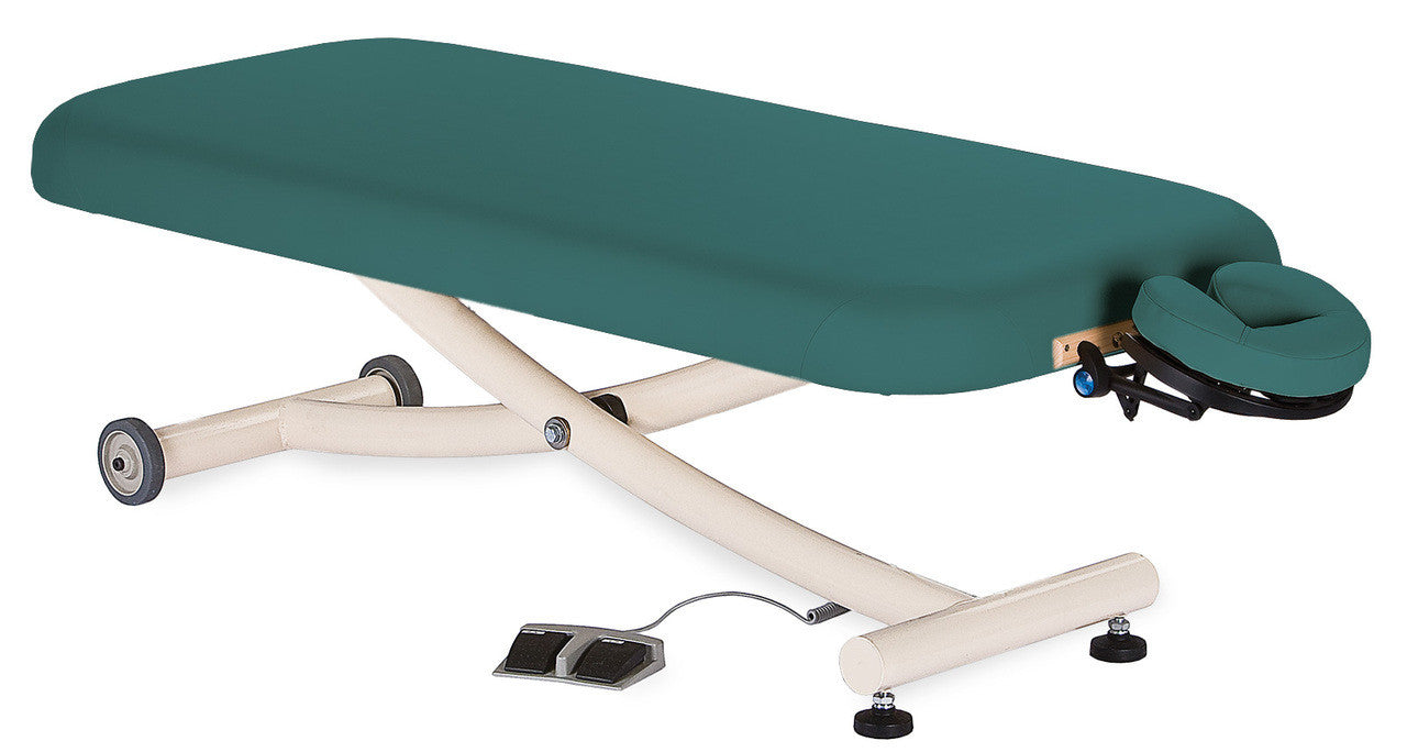 EarthLite ELLORA VISTA Lift Table with face cradle and foot pedal controls.